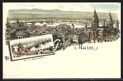 Lithographie Mainz, Rheinbrücke & Ortspanorama