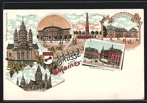 Lithographie Mainz, Dom, Theater, Neubrunnen u. grosse Bleiche, Neue Rhein. u. Mainzer Bierhalle, Grossh. Schloss