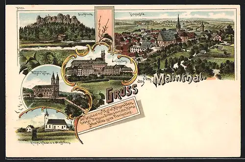 Lithographie Lichtenfels, Mainthal, Staffelberg, Schloss Banz, Vierzehnheiligen, Kirche u. Klause auf dem Staffelberg