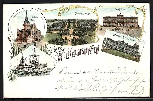 Lithographie Wilhelmshaven, Rathaus, Werftthor, Stationschefgebäude