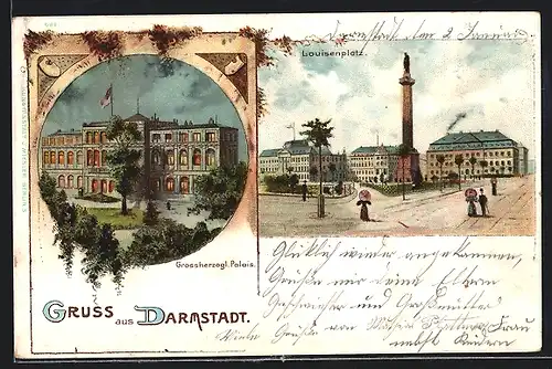 Lithographie Darmstadt, Grossherzogl. Palais und Louisenplatz