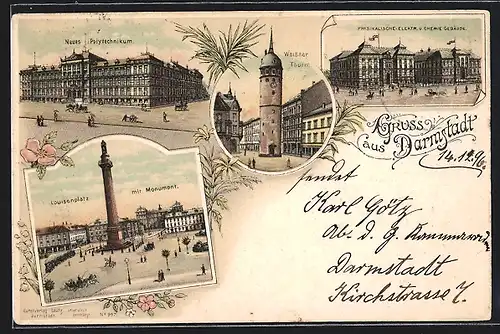 Lithographie Darmstadt, Neues Polytechnikum, Louisenplatz mit Monument, Physikalische-Elektr. und Chemie Gebäude