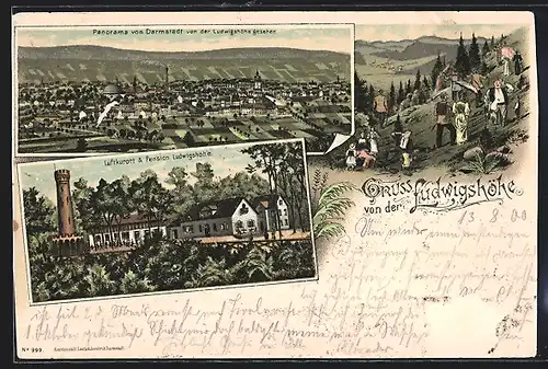 Lithographie Darmstadt, Pension Ludwigshöhe, Panorama der Stadt