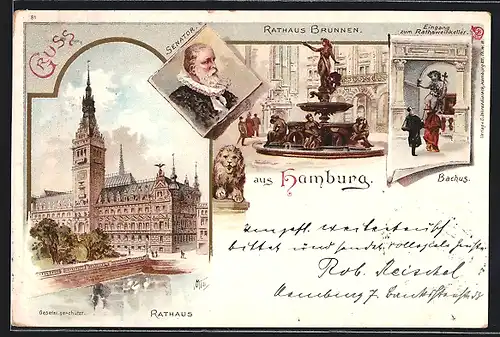 Lithographie Hamburg, Rathaus mit Brunnen, Senator im Profil, Eingang zum Restaurant Rathsweinkeller, Bachus