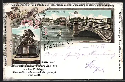 Lithographie Hamburg-Neustadt, Lombards-Brücke, Kriegerdenkmal