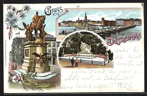 Lithographie Düsseldorf, Kaiser Wilhelm Denkmal, Krieger-Denkmal, Stadtpanorama vom Fluss