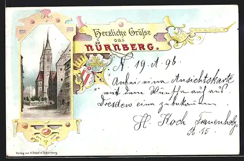 Lithographie Nürnberg, Kirche, Wappen