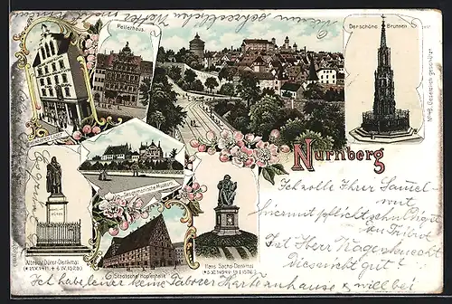 Lithographie Nürnberg, Pellerhaus, Schöner Brunnen, Germanisches Museum