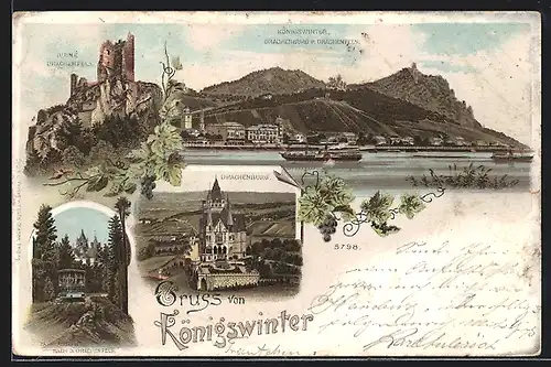 Lithographie Königswinter, Bergbahn, Drachenburg, Ruine Drachenfels