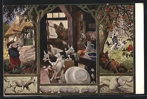 Künstler-AK Der Wolf und die 7 Geisslein - Schlüsselszenen des Märchens