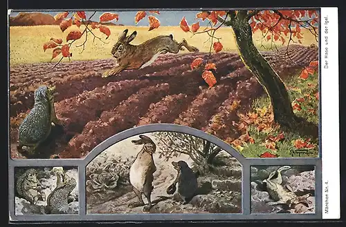 Künstler-AK K. Wagner: Der Hase und der Igel veranstalten ein Wettrennen, Märchen