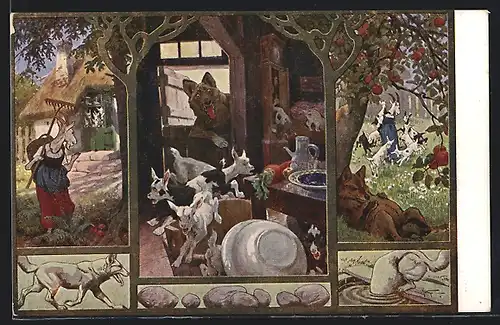 Künstler-AK Der Wolf und die 7 Geisslein - Schlüsselszenen des Märchens