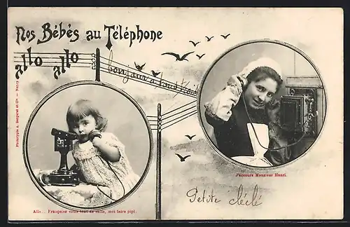 AK Nos Bébés au Téléphone, Mutter und Kleinkind am Telefon