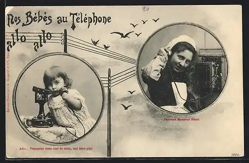 AK Nos Bébés au Téléphone, Mädchen telefoniert mit einer Frau
