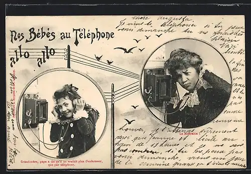 AK Nos Bébés au Telephone allo allo, Mädchen und Grossmutter telefonieren