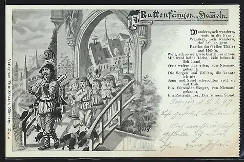 AK Der Rattenfänger von Hameln, Rattenfänger führt die Kinder vor das Stadttor