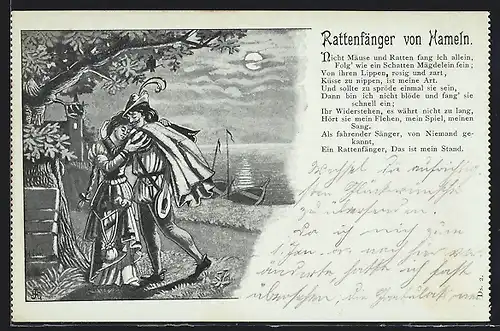 AK Der Rattenfänger von Hameln mit Frau am See, Gedicht