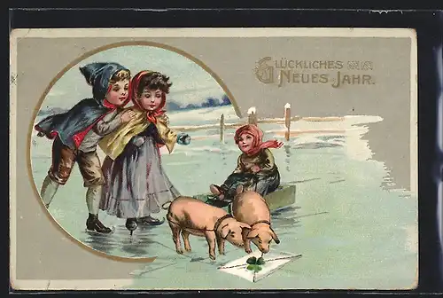 AK Kinderpaar auf Schlittschuhen und Junge mit Ferkeln, Neujahrsgruss