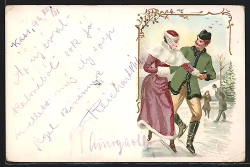 Lithographie Liebespaar läuft Hand in Hand Schlittschuh