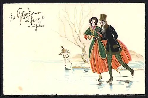 AK Liebespaar in Biedermeierkleidung läuft Hand in Hand Schlittschuh