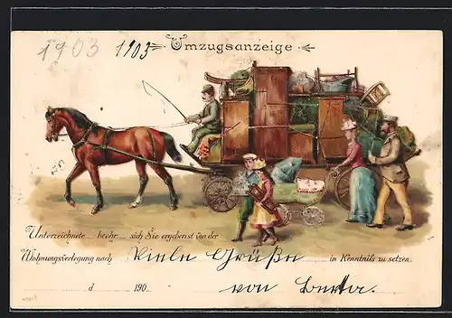 Lithographie Umzugsanzeige, Familie beim Umzug mit Pferdefuhrwerk