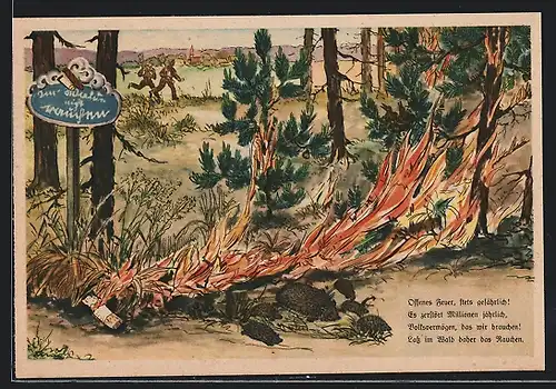 AK Offenes Feuer stets gefährlich!..., Brennender Wald und Igel, soziales Leben