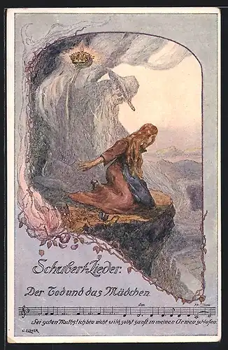 Künstler-AK O. Elsner: Schubert-Lieder, Der Tod und das Mädchen, Frau sitzt an einer Klippe