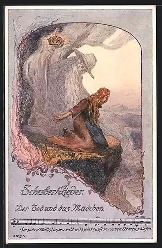 Künstler-AK O. Elsner: Schubert-Lieder, Der Tod und das Mädchen, Frau sitzt an einer Klippe