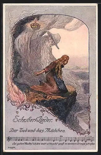 Künstler-AK O. Elsner: Schubert-Lieder, Der Tod und das Mädchen, Frau sitzt an einer Klippe