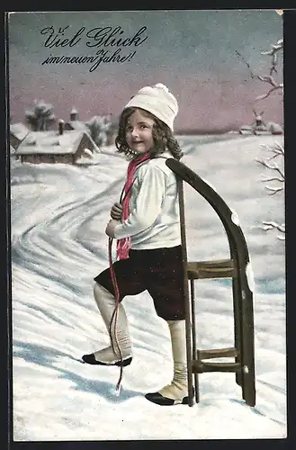 AK Junge mit Rodelschlitten in Winterlandschaft - Neujahrsgruss