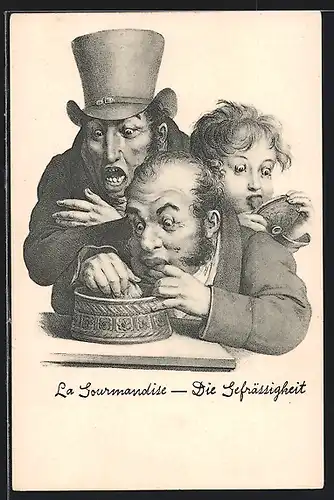 AK Die Gefrässigkeit, La Gourmandise, Männer und Frau gieren nach Essen, Allegorie