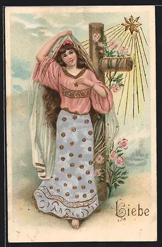 AK Junge Frau in rosanem Kleid mit Schleier vor Kreuz und Rosen, Liebe, Allegorie