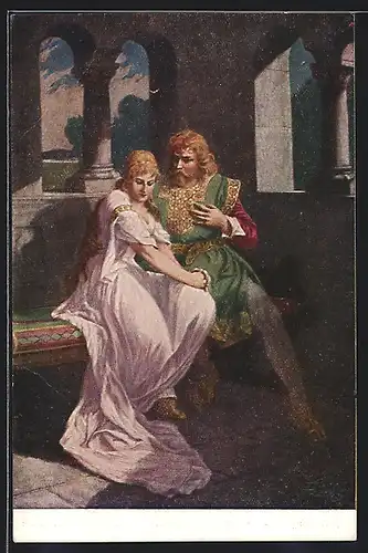 Künstler-AK Lohengrin, III. Aufzug 2. Szene, Lohengrin mit Elsa