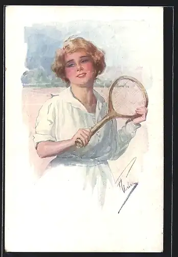 Künstler-AK Tennisspielerin mit Schläger auf einem Tennisplatz
