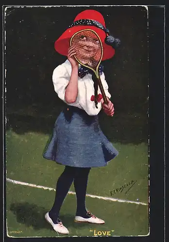 Künstler-AK Tennis, Mädchen schaut verliebt durch den Schläger, Love