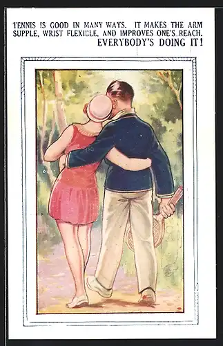 AK Paar spaziert nach dem Tennisspiel durch den Park