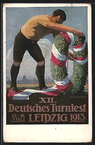 AK Leipzig, XII. Deutsches Turnfest 1913, Sportler bindet einen Kranz