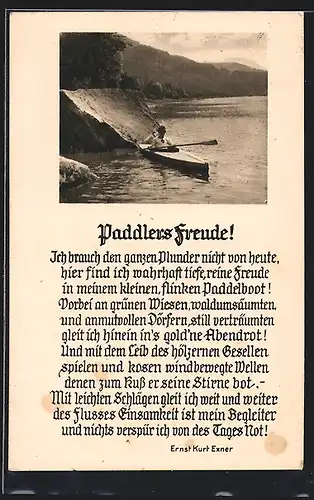 AK Paddlers Freude!, Mann im Paddelboot, Gedicht von Ernst Kurt Exner