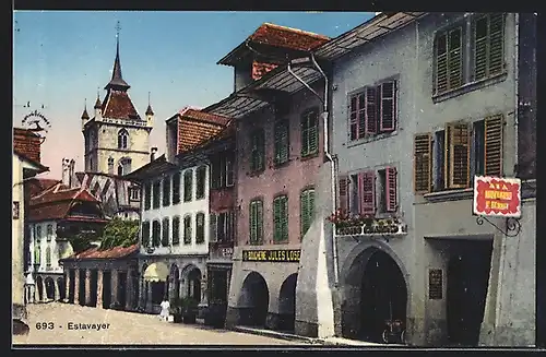 AK Estavayer, Strassenpartie mit Geschäften