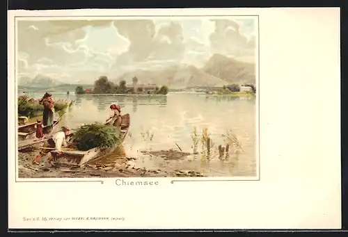 Lithographie Chiemsee, Chiemssee mit Bergpanorama