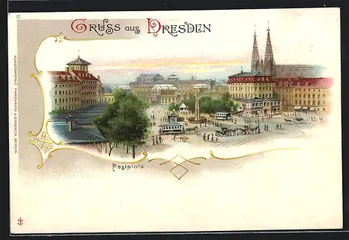 Lithographie Dresden, Ortspartie mit Postplatz