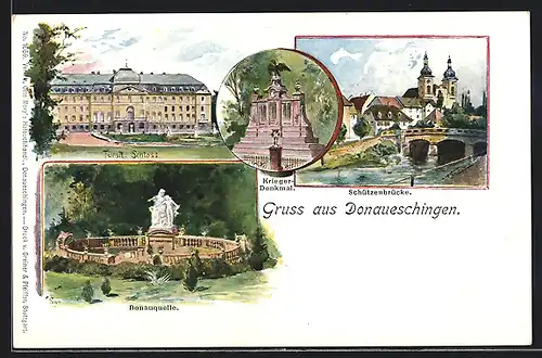 AK Donaueschingen, Schloss, Schützenbrücke, Donauquelle