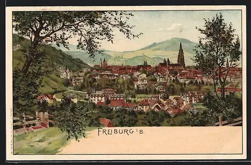 Lithographie Freiburg i. B., Totalansicht mit Kirche, Häuser und Landschaft