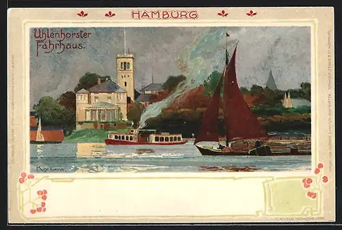 Lithographie Hamburg, Blick zum Uhlenhorster Fährhaus