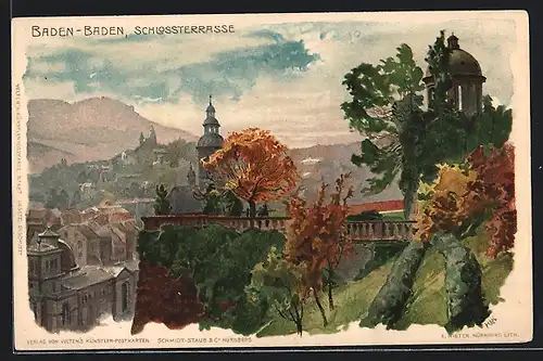 Lithographie Baden-Baden, Schlossterrasse