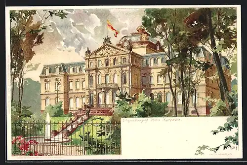 Lithographie Karlsruhe, Erbgrossherzogl. Palais, Aussenansicht mit Springbrunnen