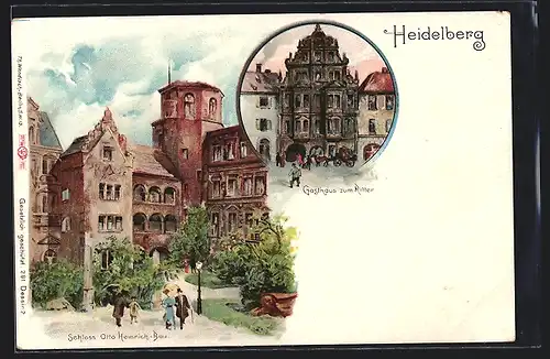 Lithographie Heidelberg, Gasthaus Zum Ritter, Schloss Otto Heinrich-Bau