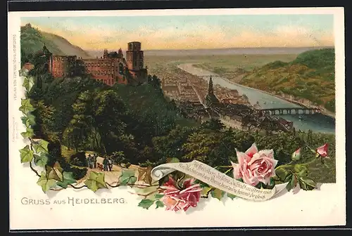 Lithographie Heidelberg, Panorama mit Schloss, Rosen