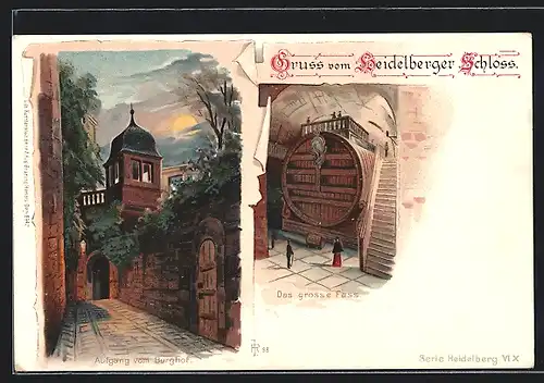 Lithographie Heidelberg / Neckar, Heidelberger Schloss, Burghof, das grosse Fass