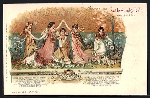 Lithographie Hamburg, Rathsweinkeller, Deckengemälde im Rosenkranz, Blumenmädchen